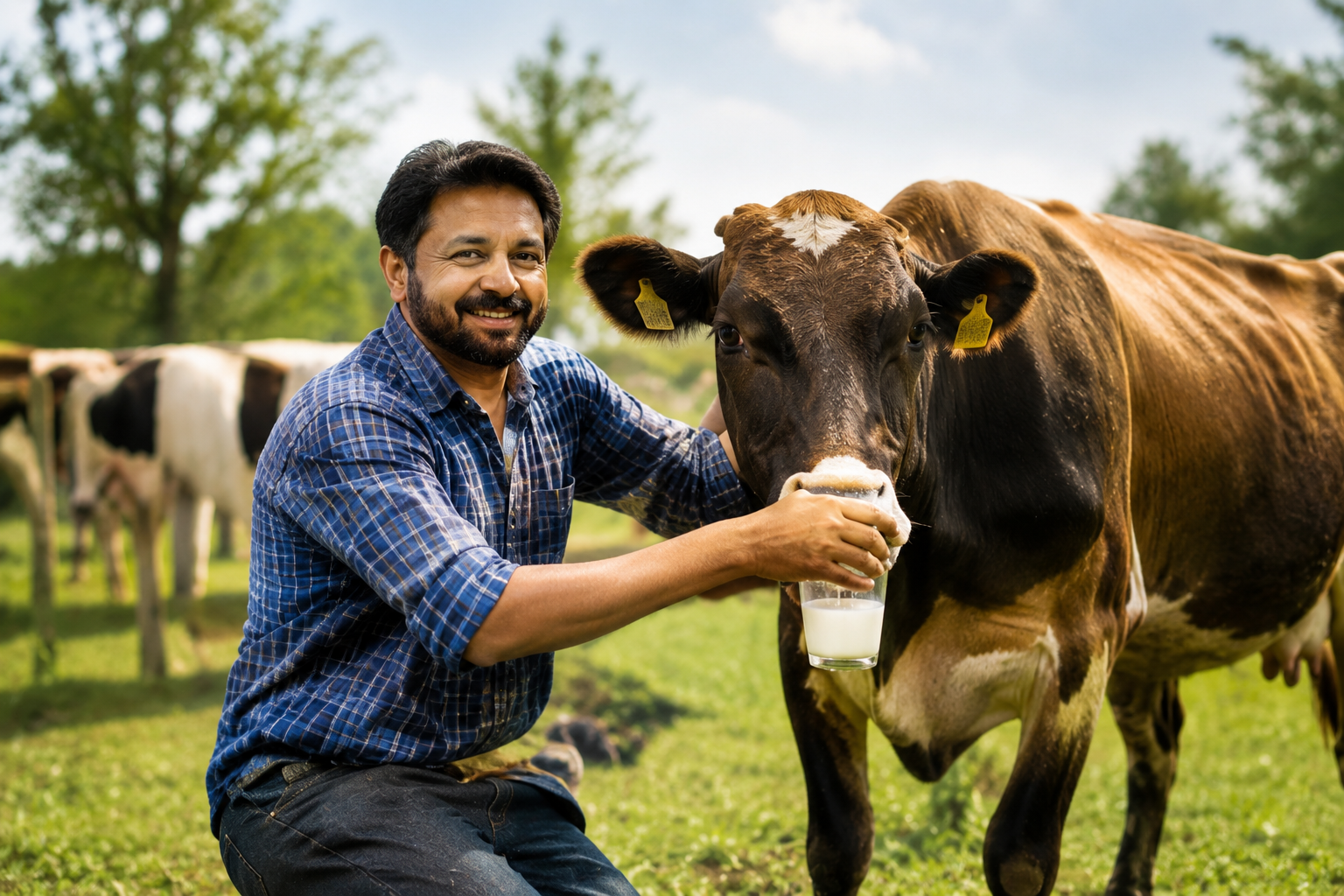 Farmer Feeding Healthy Cows